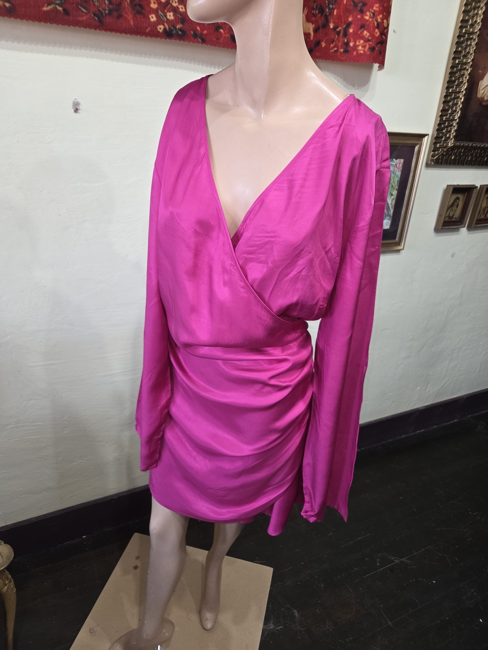 Fuchsia Long-Sleeve Wrap Mini Dress